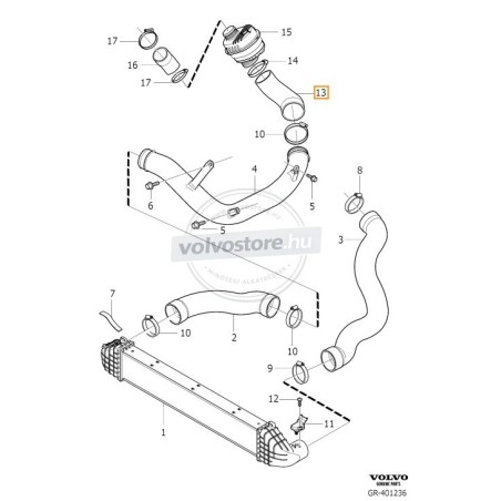 Thermotec DCV080TT intercooler cső Volvo D5 – 31274412 megfelelő